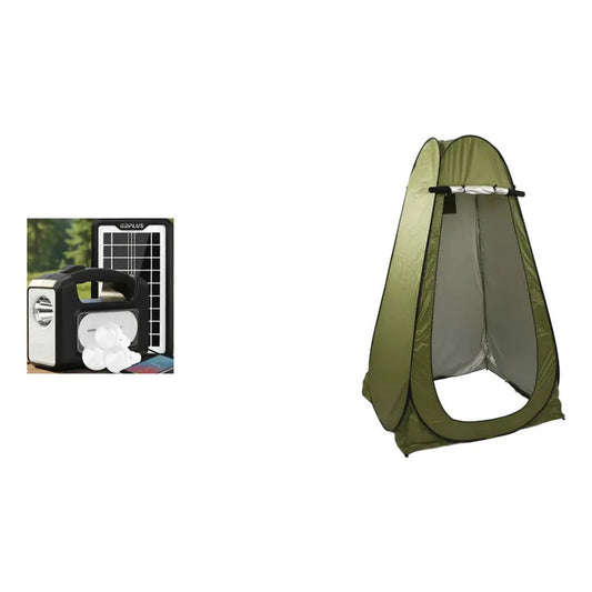 Kit Camping: Luz Emergencia Solar Cargador Usb 3 Ampolletas + Carpa Baño Vestidor Portátil Verde
