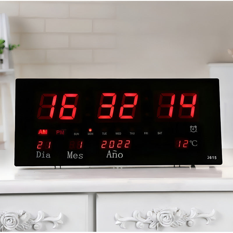 Reloj Digital Pared Led Fecha Temperatura + 35x15 Estructura Negro