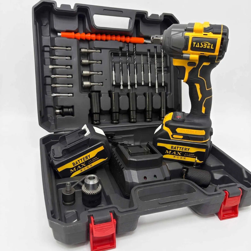 Llave Impacto Con Mandril 2 Baterias Brocas Desatornillador Amarillo 18v 50/60hz