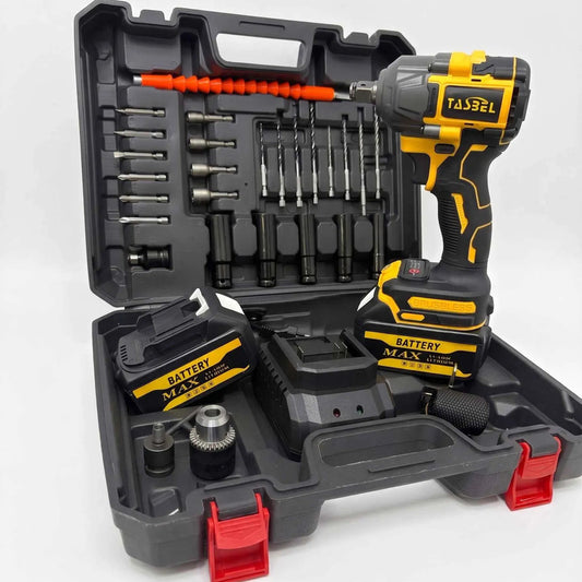 Llave Impacto Con Mandril 2 Baterias Brocas Desatornillador Amarillo 18v 50/60hz