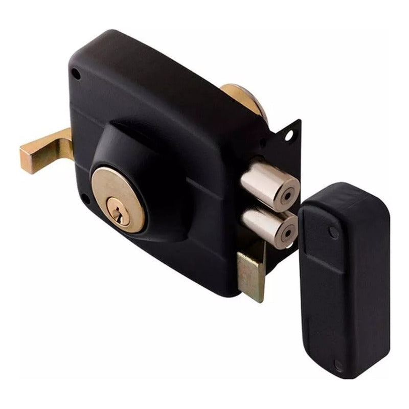 Chapa Cerradura Sobreponer Doble Cerrojo Porton Con Cilindro Negra