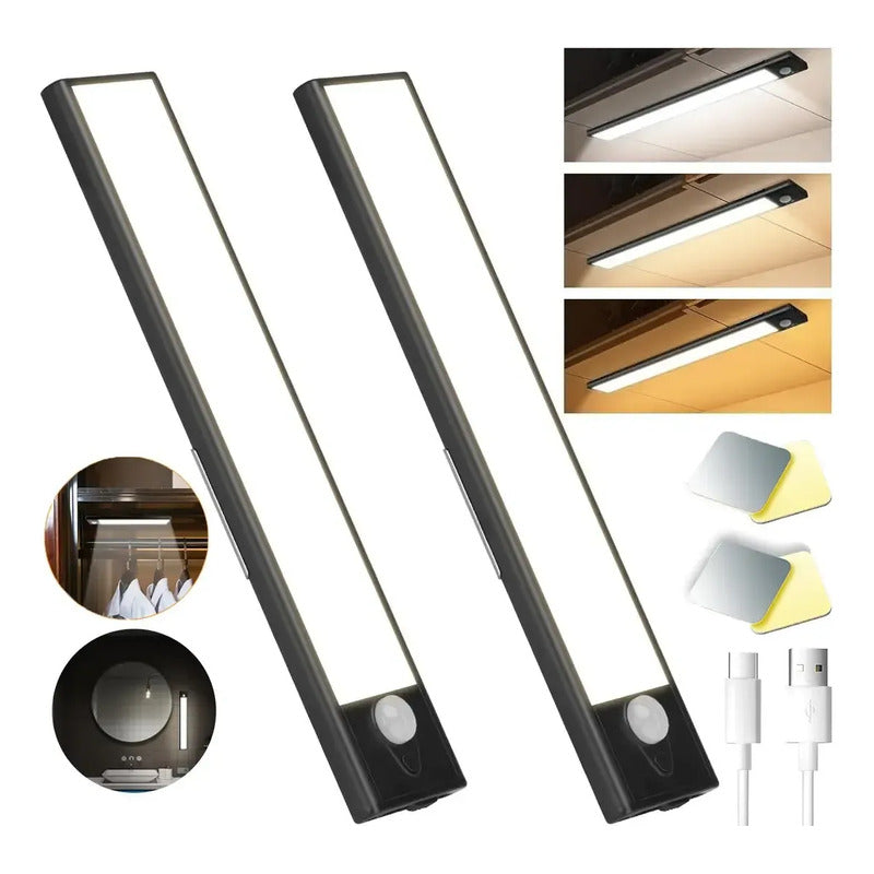 Pack X2 Lámpara Led Barra 30cm Armario Closet Sensor Movimie Negro