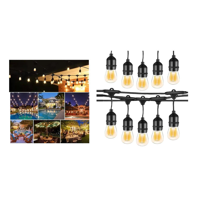 Guirnalda De Luces Led 220v Exterior 5m + 10 Ampolletas Peq Negro Luz Cálida