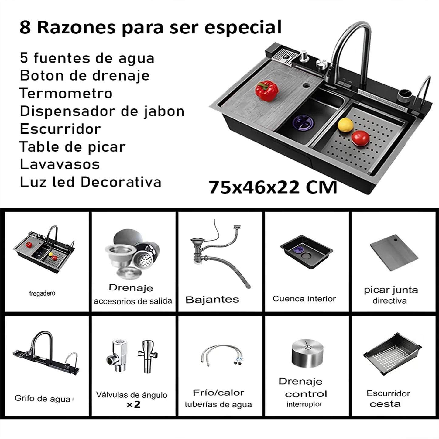 Lavaplatos Digital Con Grifería Cascada Para Cocina, De Acero Inoxidable Y Nano Recubrimiento Negro