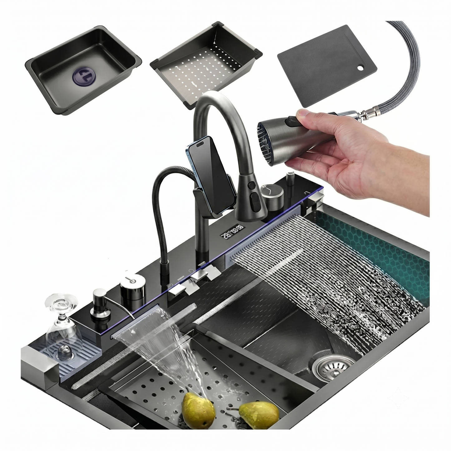 Lavaplatos Digital Con Grifería Cascada Para Cocina, De Acero Inoxidable Y Nano Recubrimiento Negro