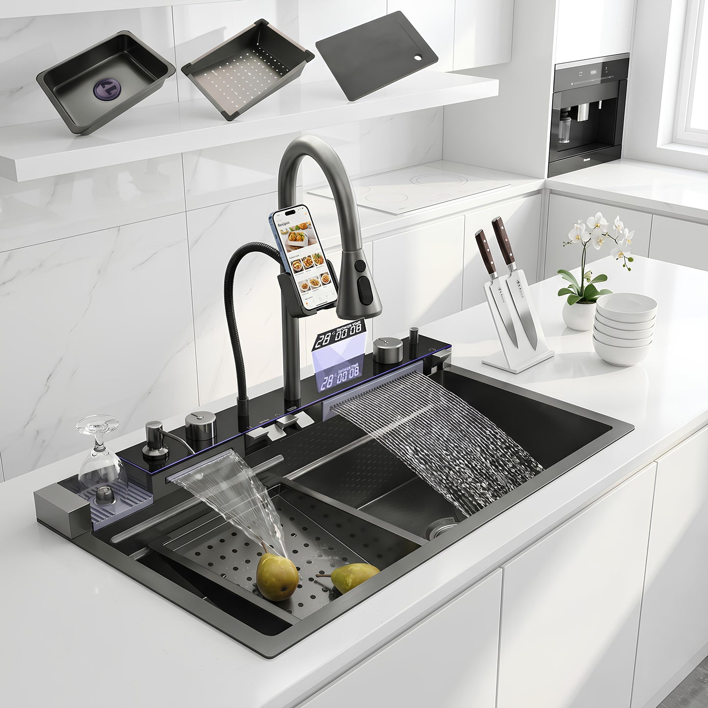 Lavaplatos Digital Con Grifería Cascada Para Cocina, De Acero Inoxidable Y Nano Recubrimiento Negro